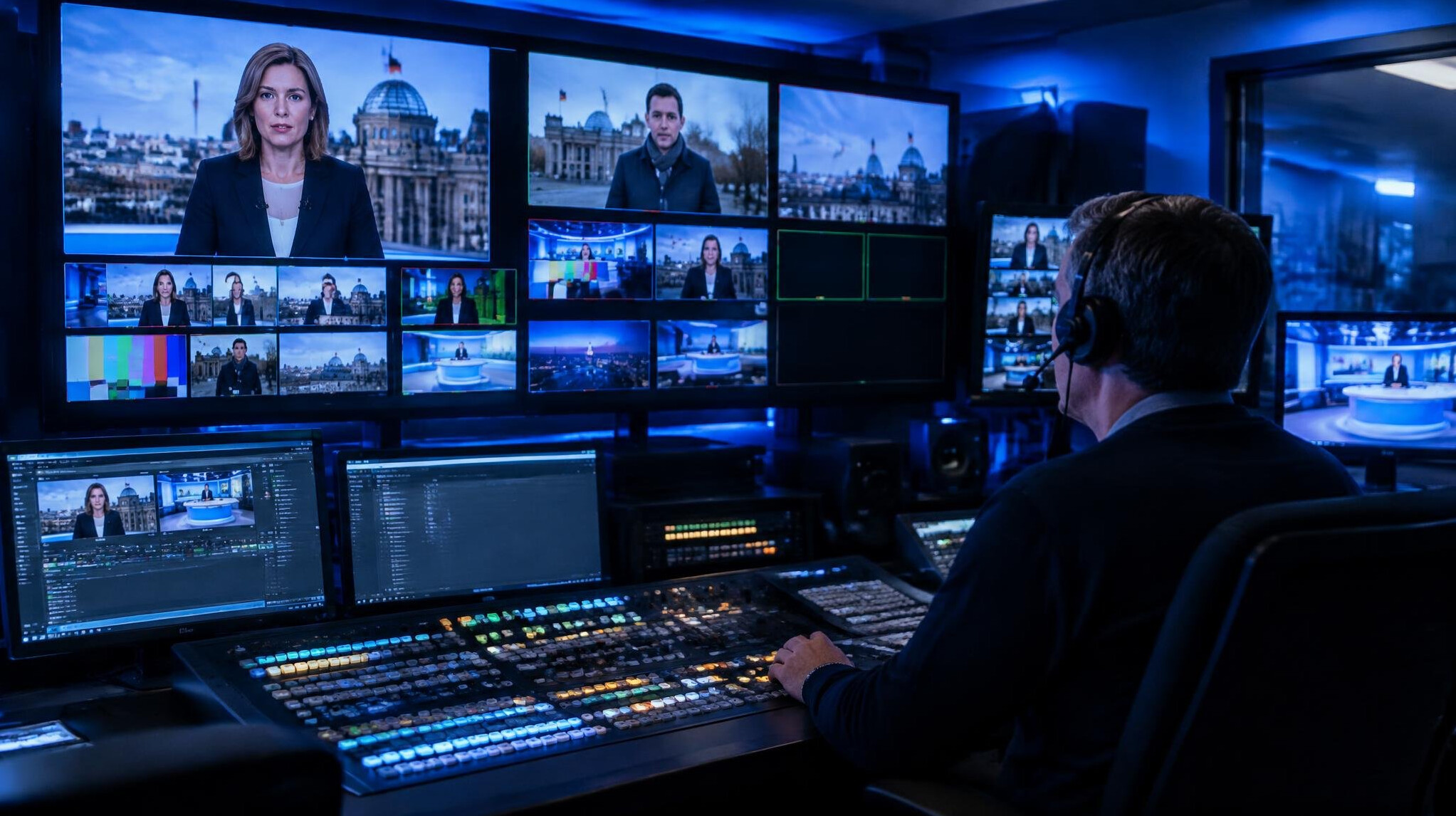 Control room with monitors showing a live broadcast feed