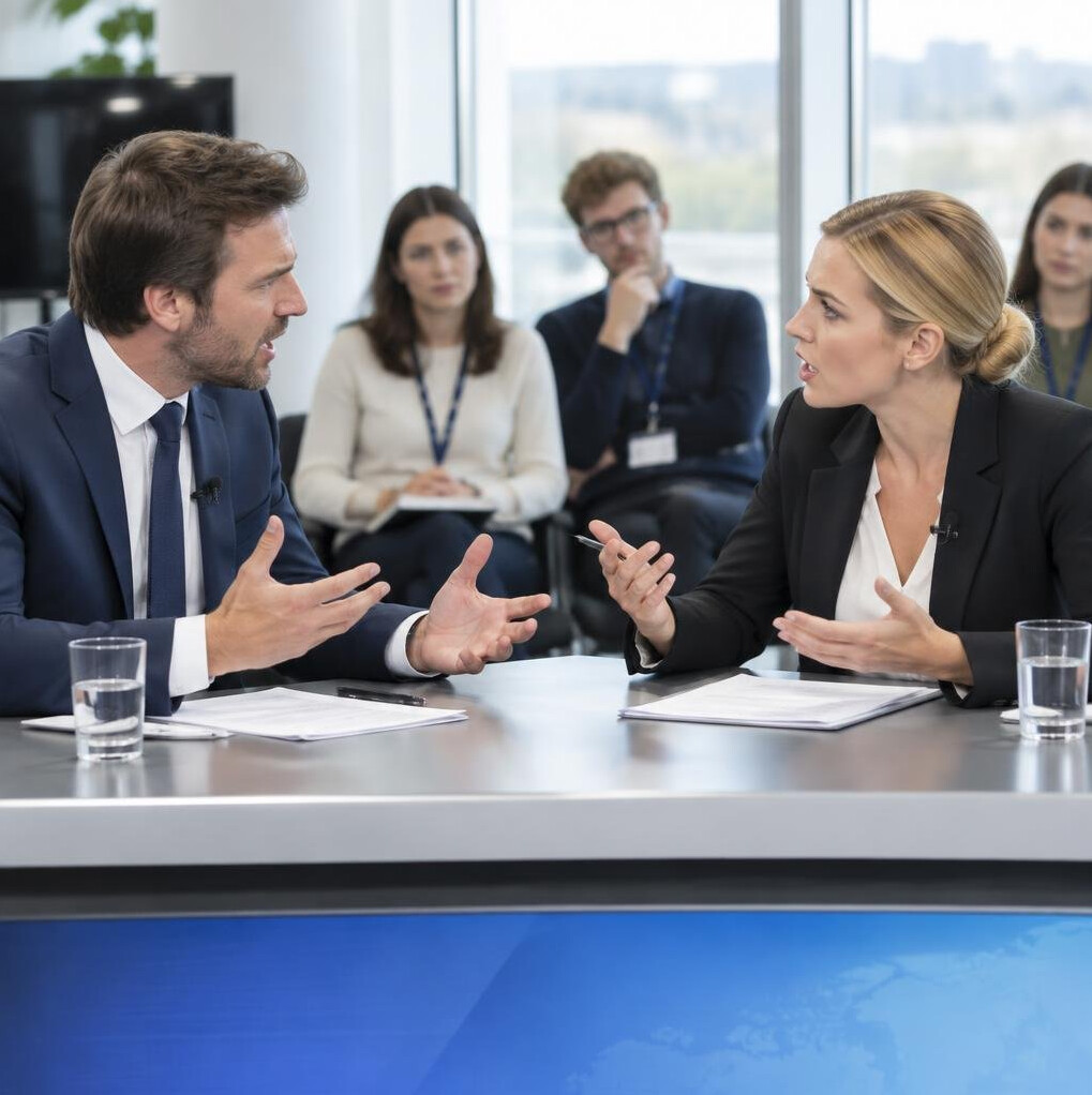 Two people role-playing a heated debate scenario in a training room