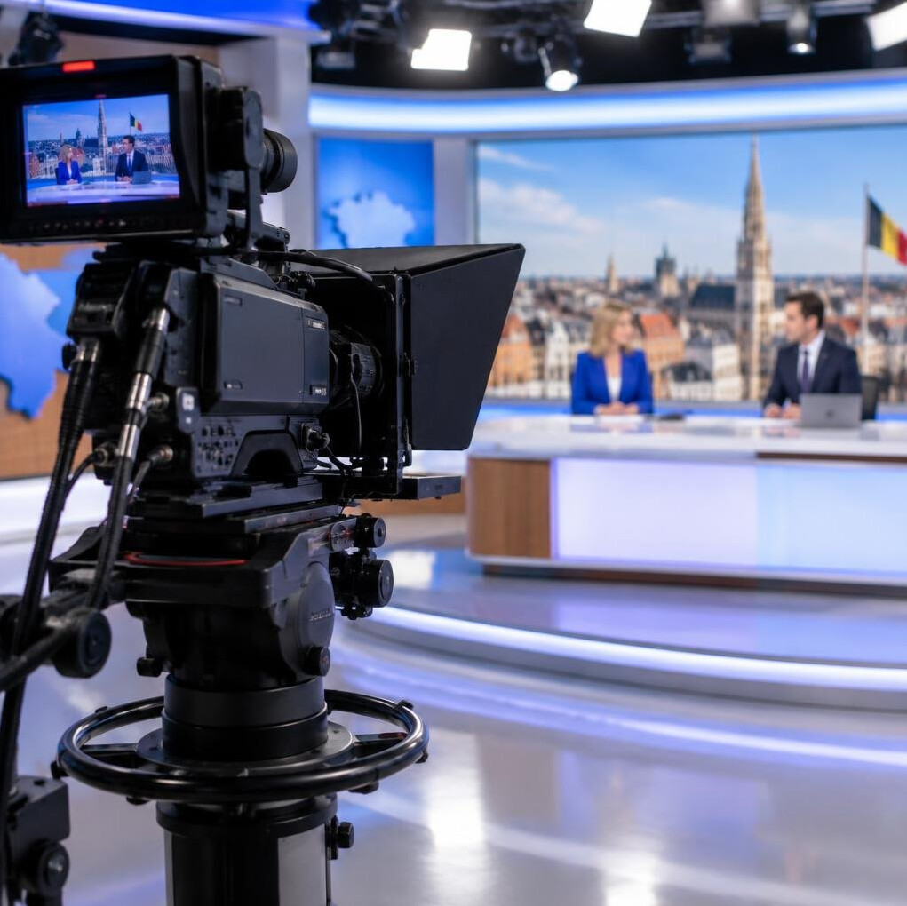 Close-up of a TV studio camera pointed at a news desk