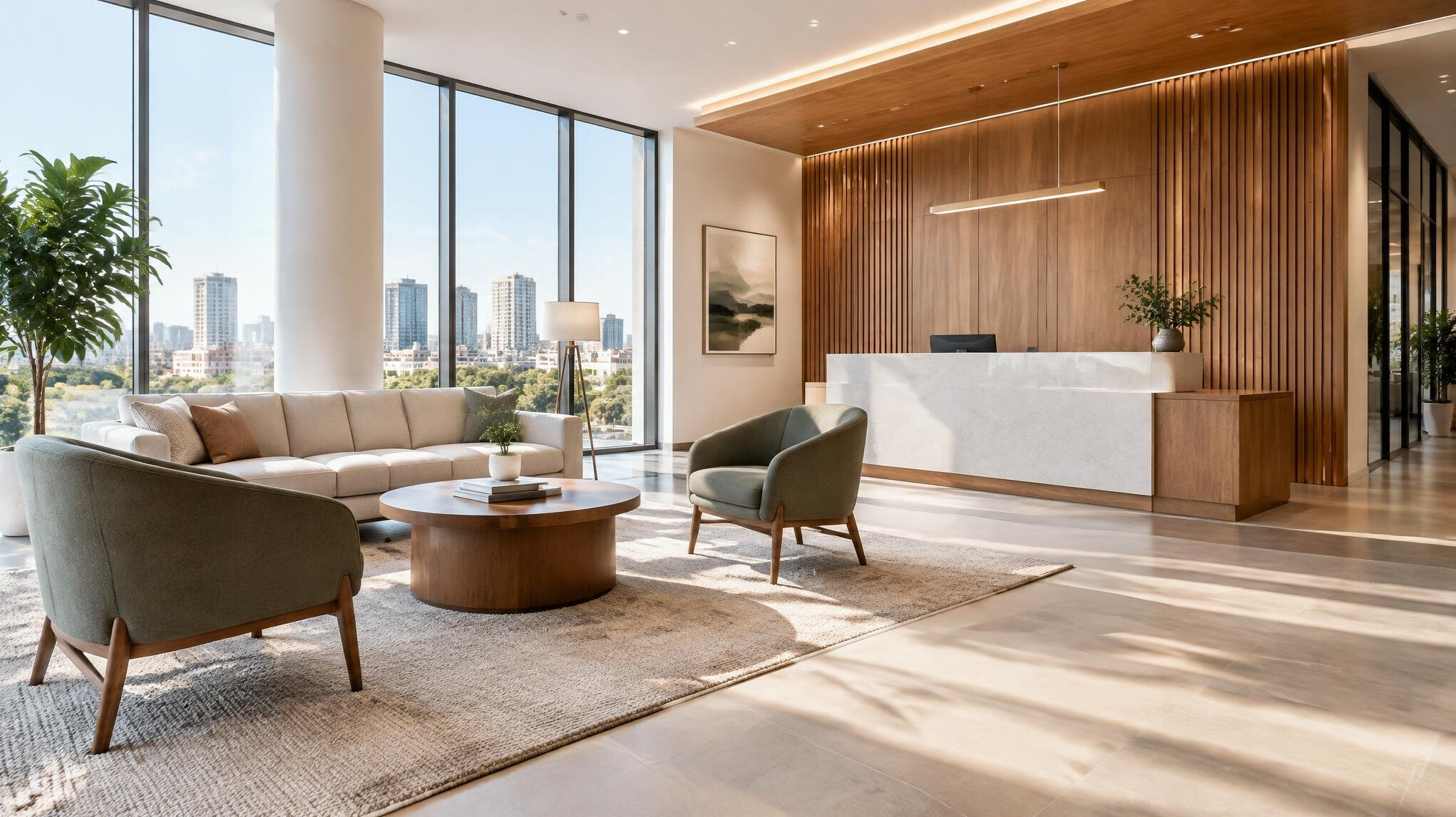 Bright modern office reception area with seating