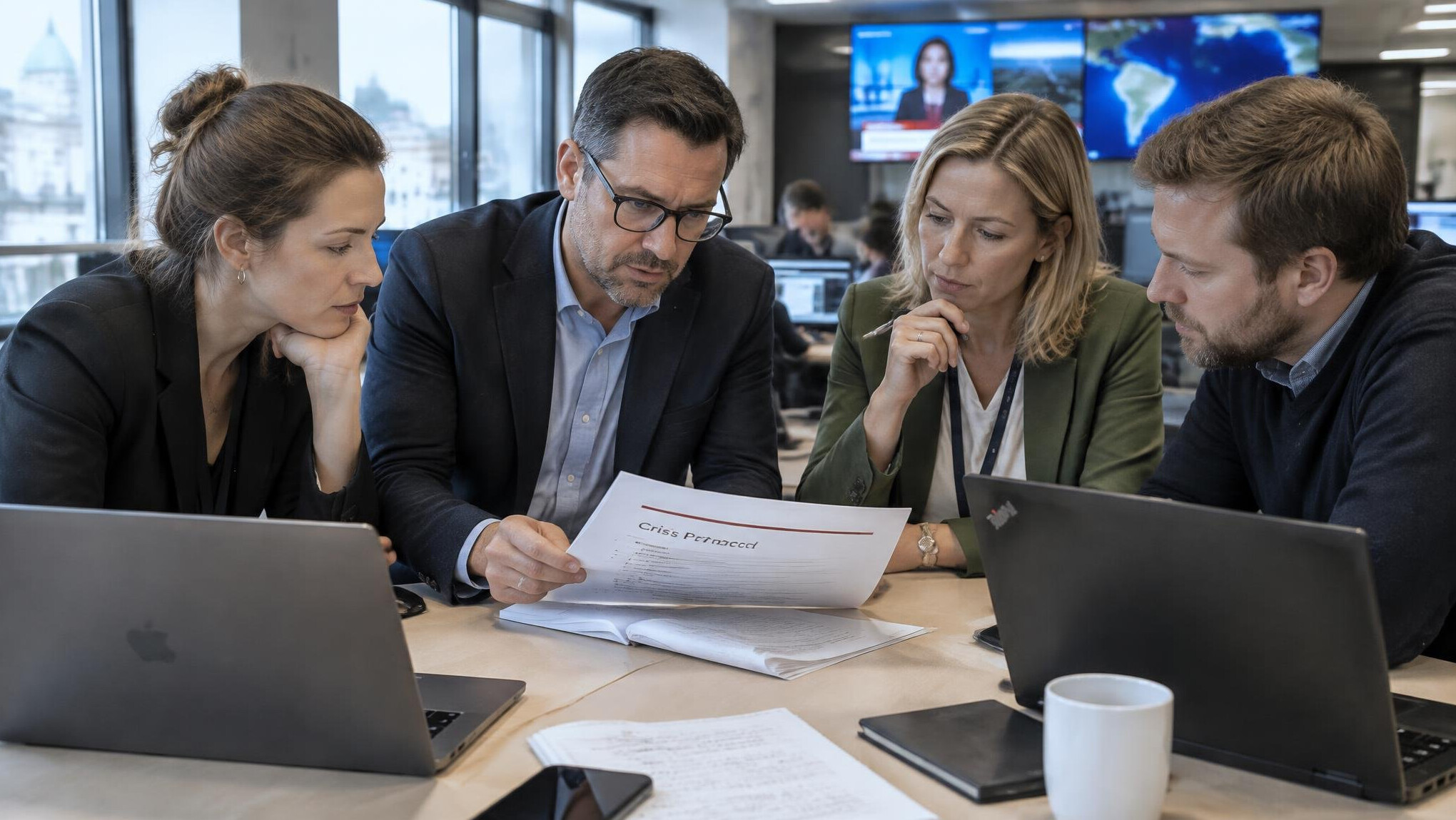 Team reviewing a crisis protocol document around a table
