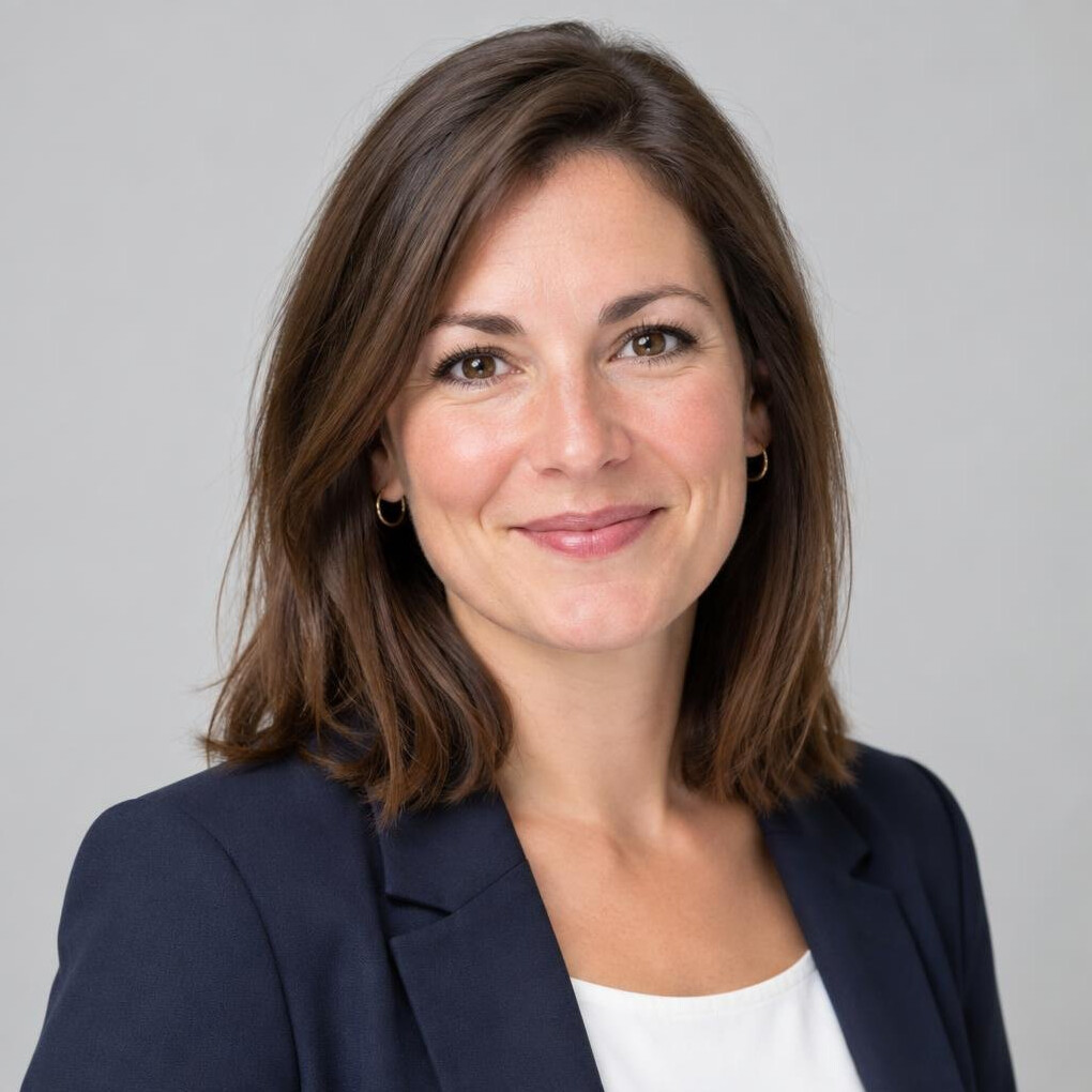 Belgian woman in her 30s with shoulder-length hair, professional headshot