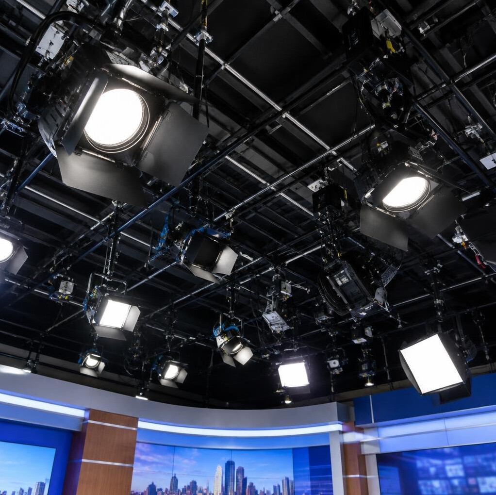 Studio lighting rig and cables above a news set