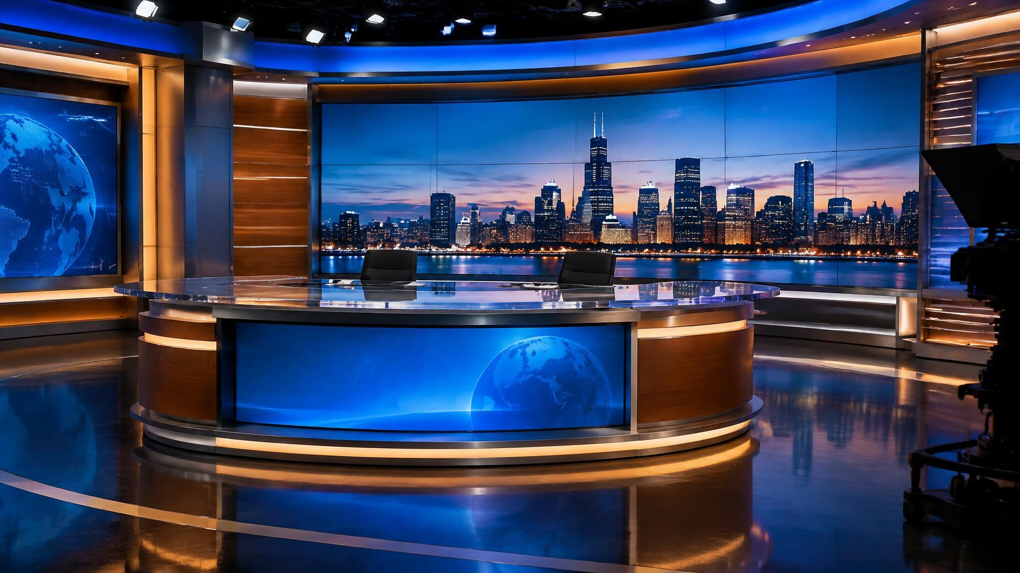 Empty modern TV news studio set with desk and screens